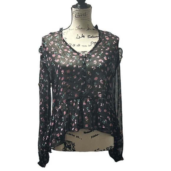 Zara Floral Print Peplum Blouse Top Black Metallic Gold Pink V-Neck MEDIUM - Picture 6 of 6